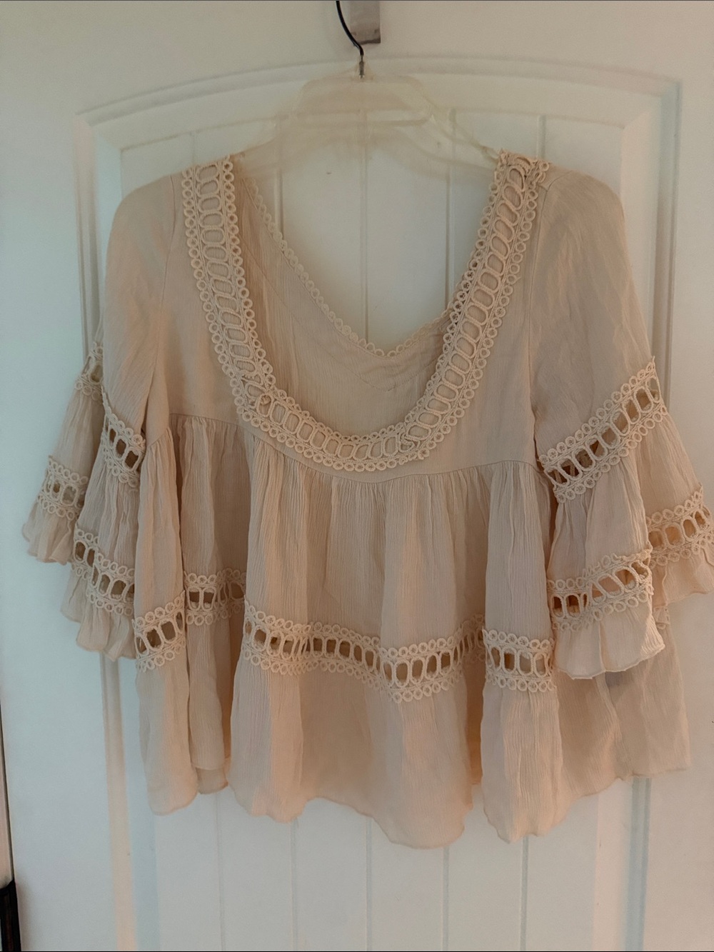 Creamy Flowy Boho Crochet Trim Peasant Baby Doll Top by POL Size S